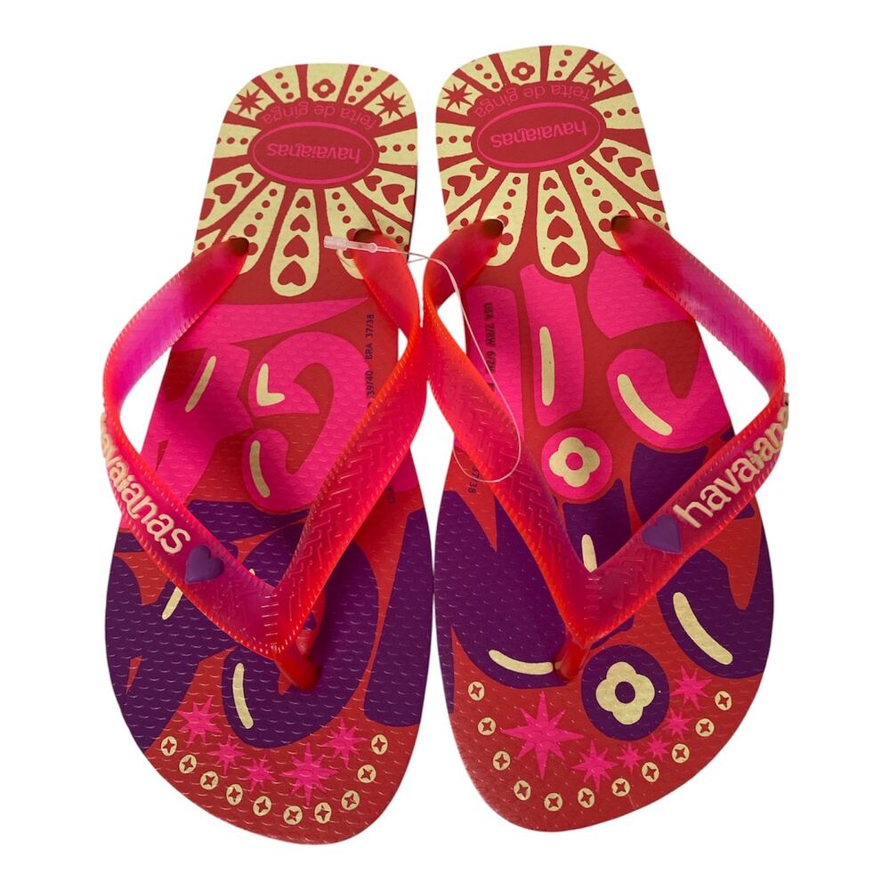 Havaianas Made in Brazil Top Ginga Neon Flip Flops Sandal Coral US 7/8W NWOT